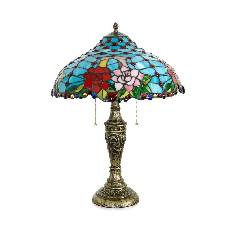 Tiffany Stained Glass Blue Table Lamp With Pull Chain - Rose Pattern 3 Heads Nightstand Lighting