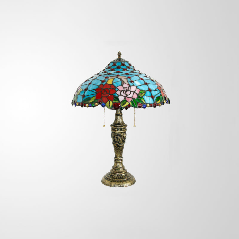 Tiffany Stained Glass Blue Table Lamp With Pull Chain - Rose Pattern 3 Heads Nightstand Lighting