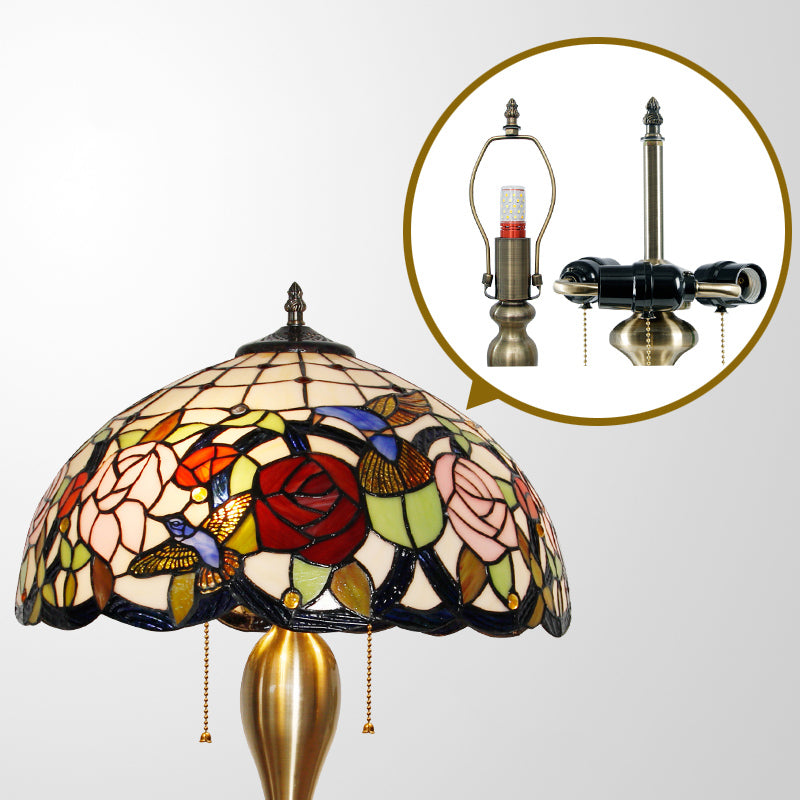 Traditional Stained Glass Dome Nightstand Lamp With 3 Heads Brass Pull Chain Floral And Bird Pattern