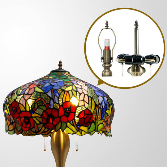 Gold Stained Glass Table Lamp With Flower Pattern - Classic Nightstand Lighting 3 Bulbs Pull Chain