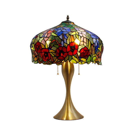 Gold Stained Glass Table Lamp With Flower Pattern - Classic Nightstand Lighting 3 Bulbs Pull Chain