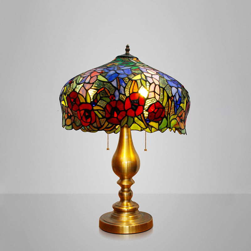 Gold Stained Glass Table Lamp With Flower Pattern - Classic Nightstand Lighting 3 Bulbs Pull Chain /