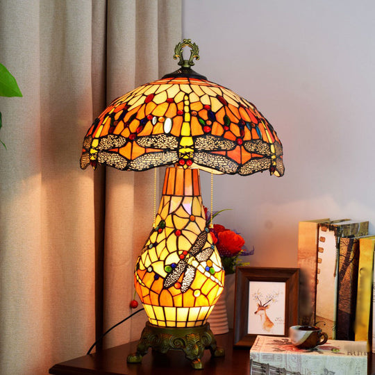 Vintage 3-Bulb Mushroom Nightstand Lamp - Orange Stained Glass Table Light With Dragonfly Pattern