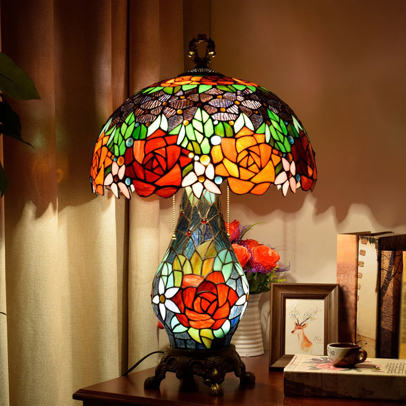3-Headed Green Tiffany Stained Art Glass Rose Pattern Table Lamp With Mushroom Shade - Nightstand