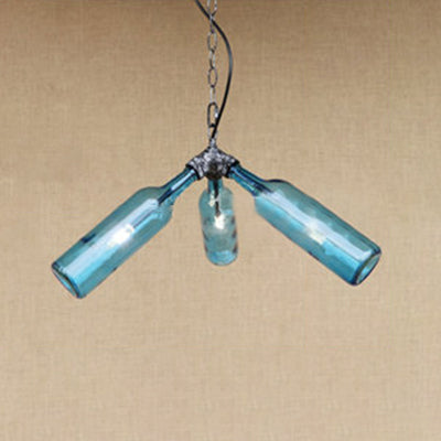 Rustic Industrial 3-Head Bottle Pendant Lamp With Smoke Gray/Clear Glass For Bars Blue