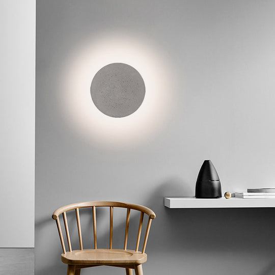 Minimalistic Cement Grey Led Wall Sconce Light For Bedside - Flat Round Mount