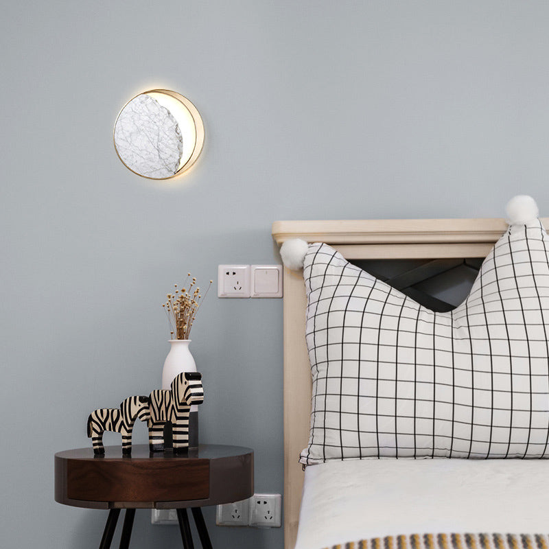 Marble Gold Led Wall Light With Moon Sconce Design And Metallic Ring - Elegant Bedside Fixture