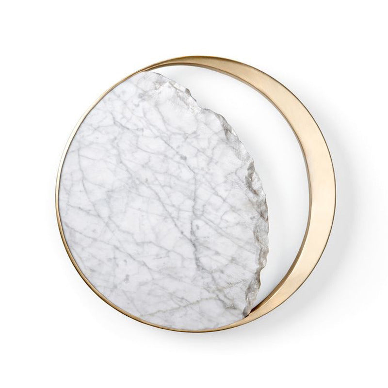 Marble Gold Led Wall Light With Moon Sconce Design And Metallic Ring - Elegant Bedside Fixture