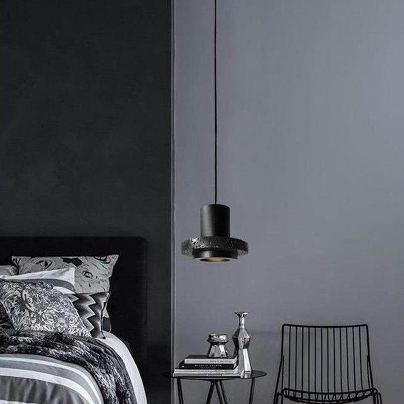 Sleek Terrazzo Single-Bulb Black Hat Pendant Light For Flat Round Ceiling / 7