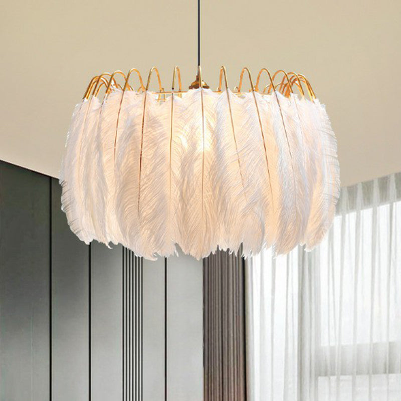 Nordic Style Feather Round Pendant Ceiling Light in White - Single-Bulb Suspension Lighting