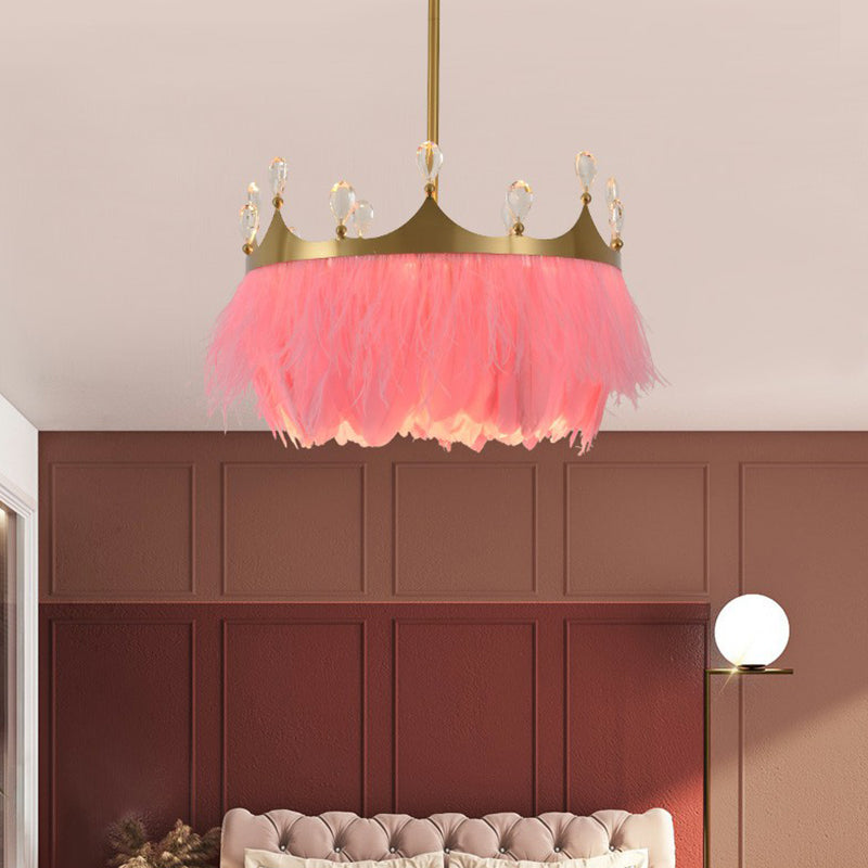 Golden Crown Crystal Pendant Light With Feather Accent - Bedroom Suspension Lamp Pink / 14