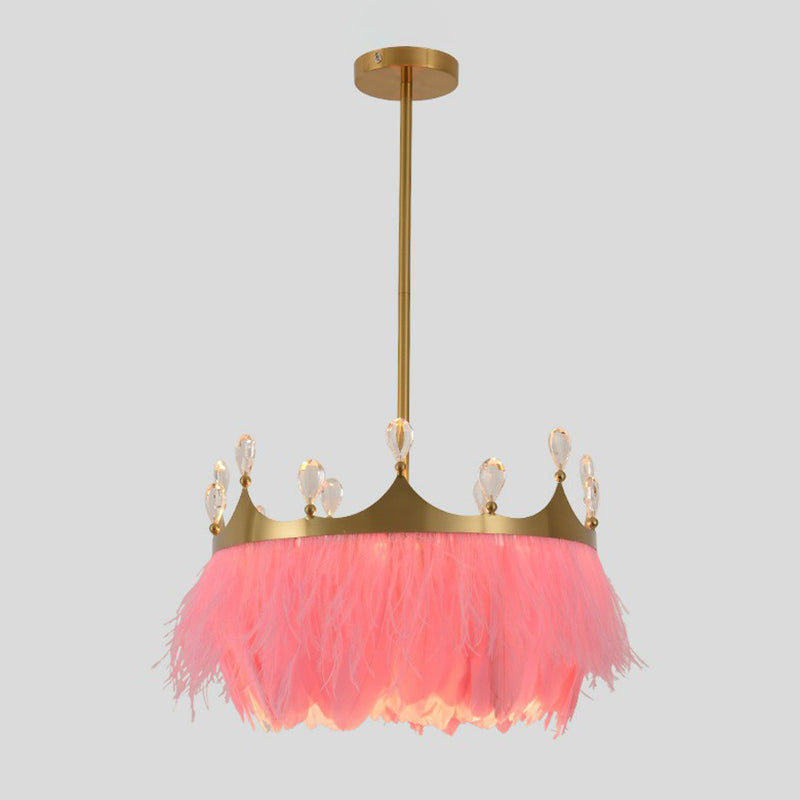 Gold Round Bedroom Suspension Pendant Light with Feather, Crystal, and Crown Decor