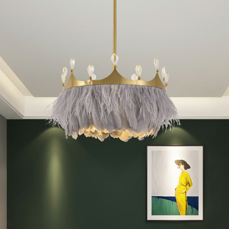 Golden Crown Crystal Pendant Light With Feather Accent - Bedroom Suspension Lamp Grey / 14