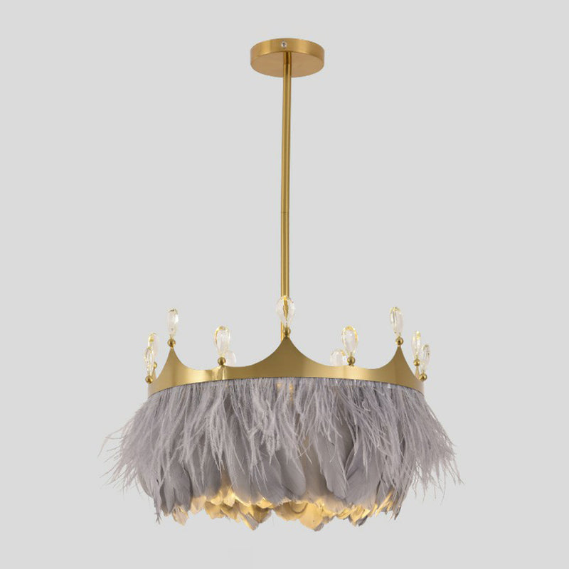 Golden Crown Crystal Pendant Light With Feather Accent - Bedroom Suspension Lamp