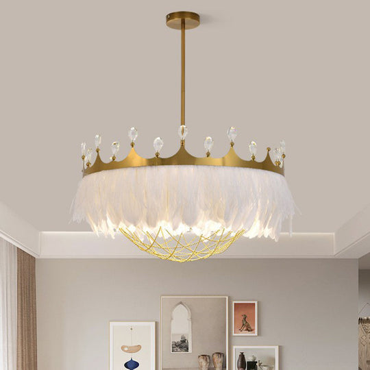 Crown Feather Ceiling Light: Artistic 1-Head Hanging Lamp For Girls Bedroom With Chain Net & Crystal