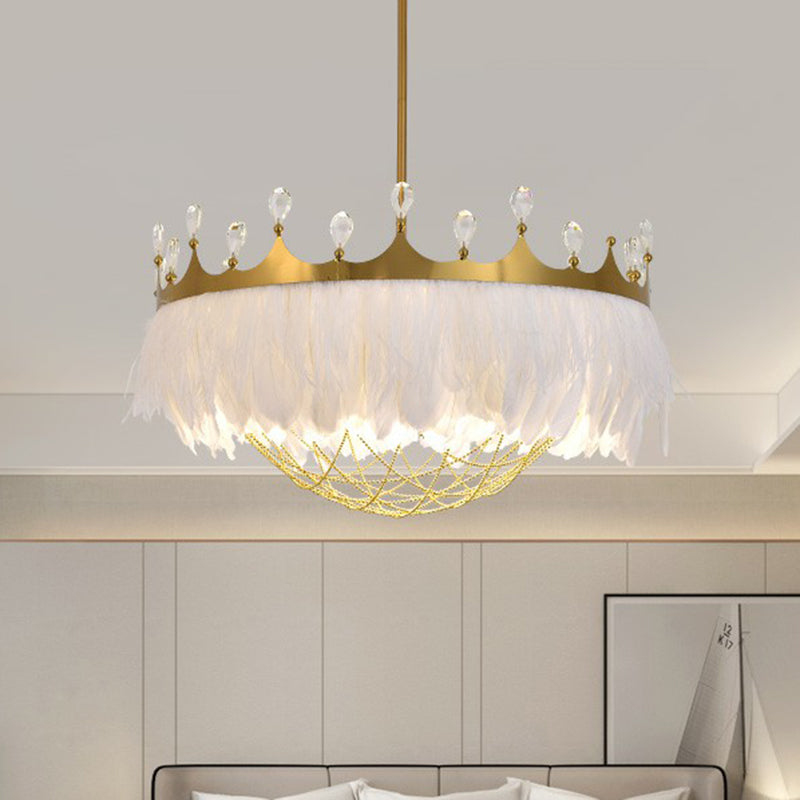 Crown Feather Ceiling Light with Crystal for Girls' Bedroom