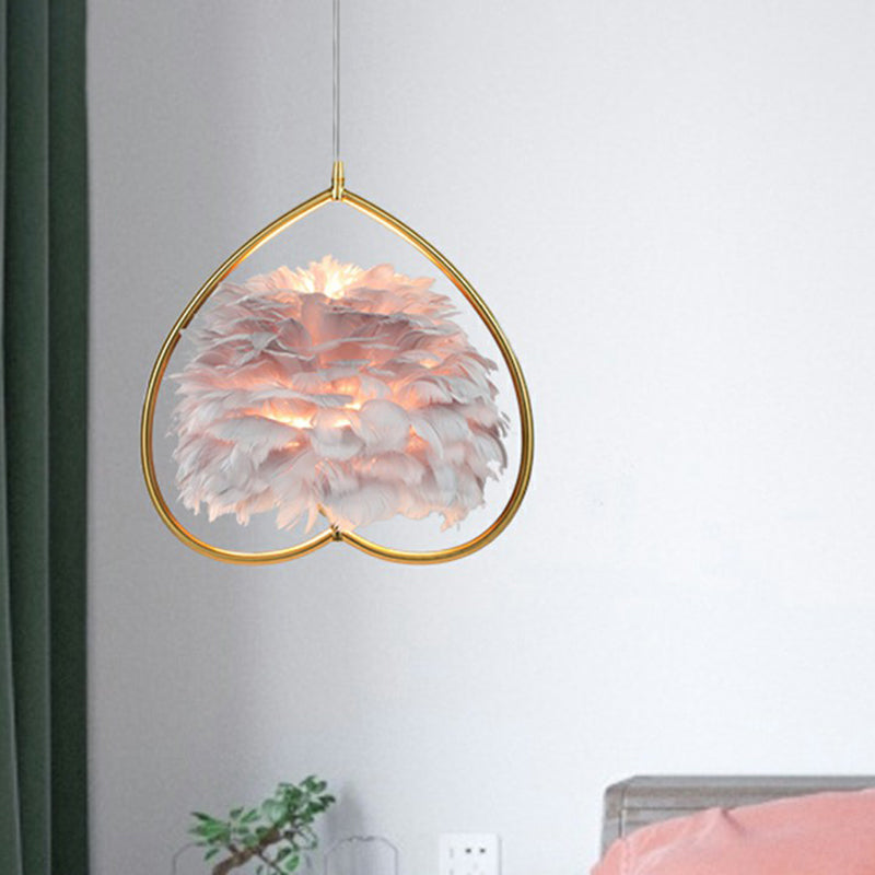 Contemporary Gold Pendant Light With Metallic Heart Suspension And Decorative Feather / Gray A