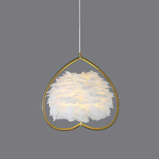 Contemporary Gold Pendant Light With Metallic Heart Suspension And Decorative Feather / White A
