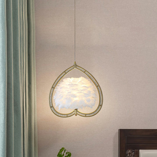 Contemporary Gold Pendant Light With Metallic Heart Suspension And Decorative Feather / White B