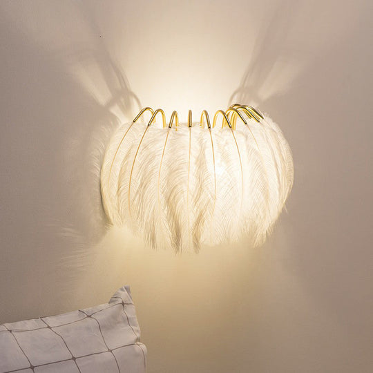 Gold Curved Sconce - Simplicity Feather Wall Light Fixture For Bedside / White A