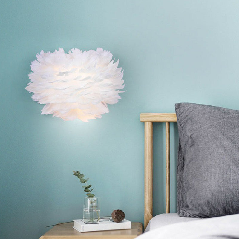 White Feather Nordic Wall Sconce With Blossoming Flower Design For Girls Bedroom Lighting