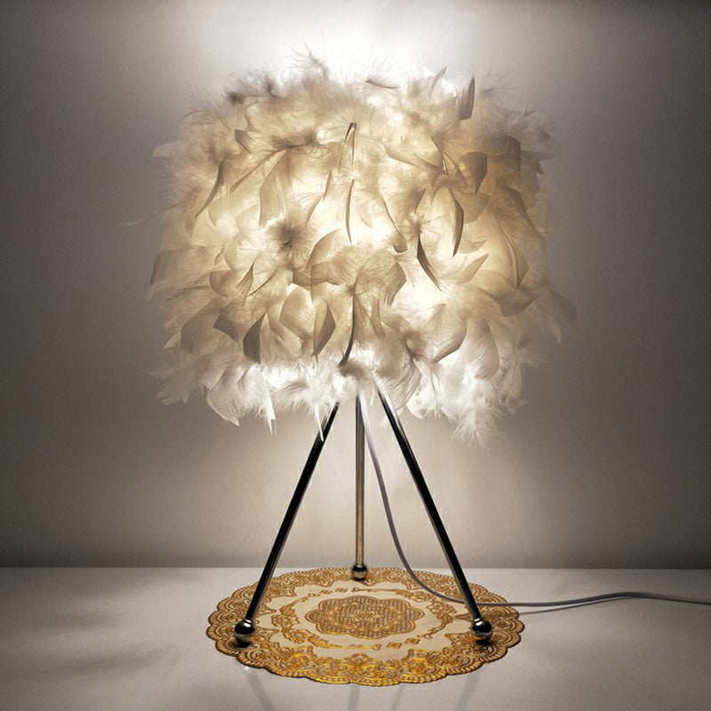 Modern Drum Feather Table Light With Metallic Tripod - White Living Room Nightstand Lighting