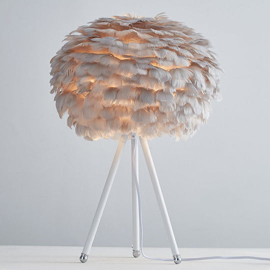 Nordic Feather Sphere Table Lamp With Metallic Tripod - Perfect Nightstand Lighting For Living Room