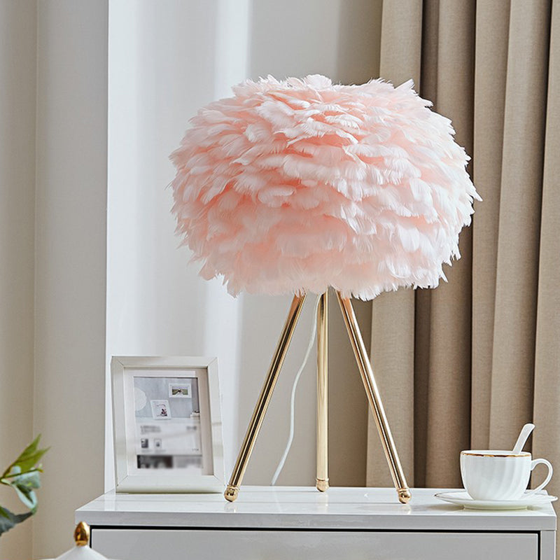 Nordic Feather Sphere Table Lamp With Metallic Tripod - Perfect Nightstand Lighting For Living Room