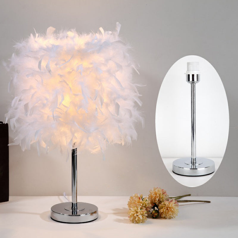Artistic Feather Cylinder Nightstand Lamp - Nickel Table Lighting For Bedroom / A