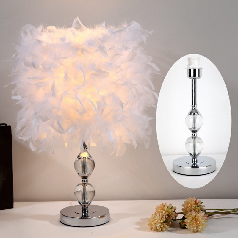 Artistic Feather Cylinder Nightstand Lamp - Nickel Table Lighting For Bedroom / C