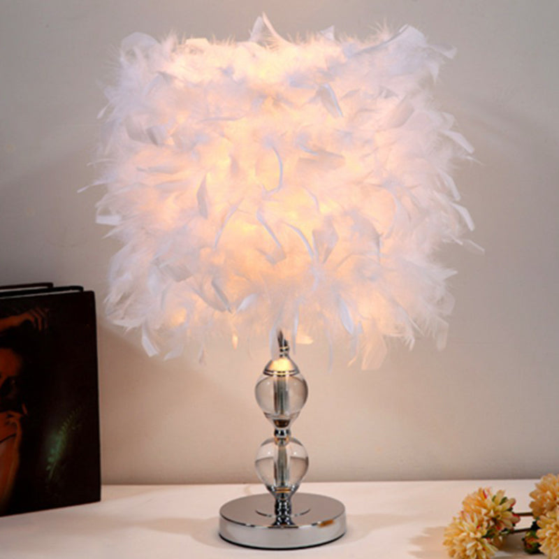 Artistic Feather Cylinder Nightstand Lamp - Nickel Table Lighting For Bedroom