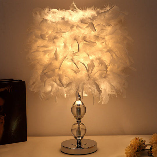 Artistic Feather Cylinder Nightstand Lamp - Nickel Table Lighting For Bedroom