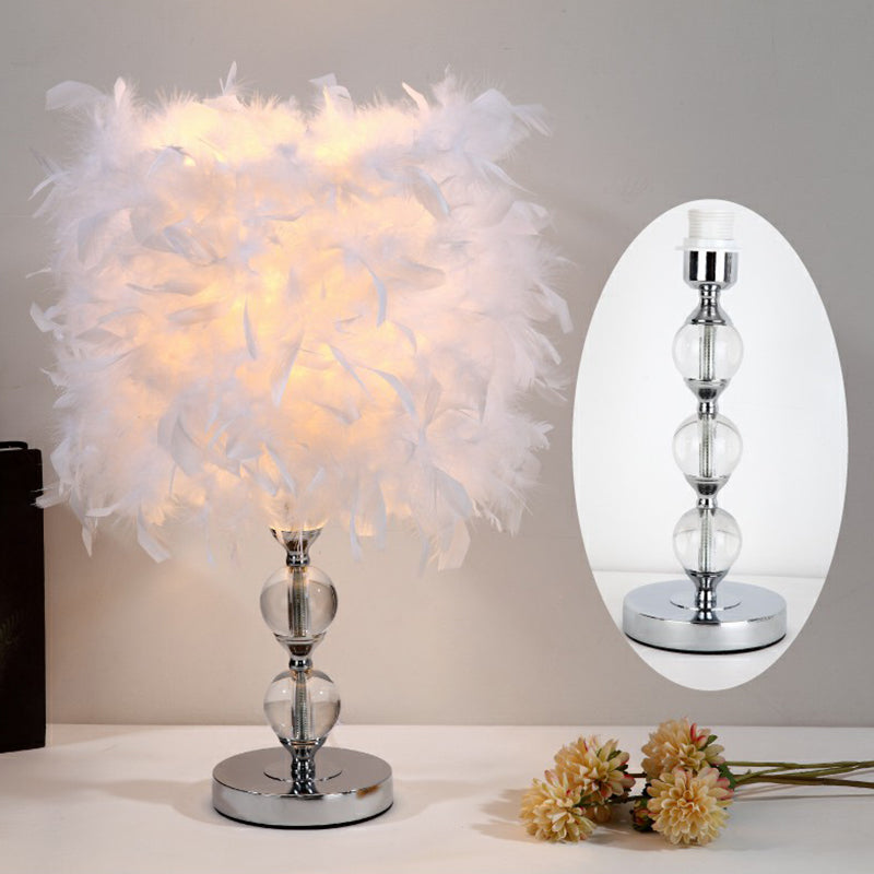 Artistic Feather Cylinder Nightstand Lamp - Nickel Table Lighting For Bedroom / D