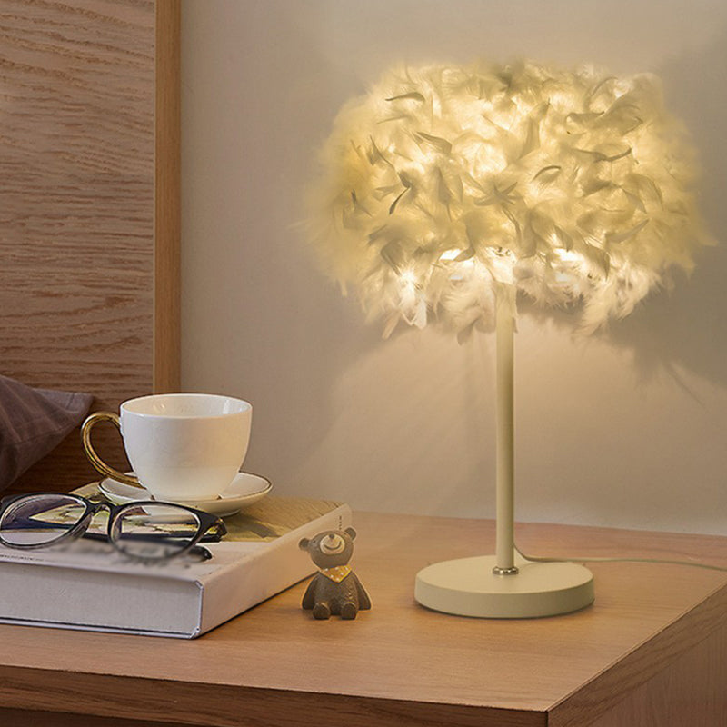 Feathered Round Nightstand Lamp - Single-Bulb Simplicity For Girls Bedside Table White