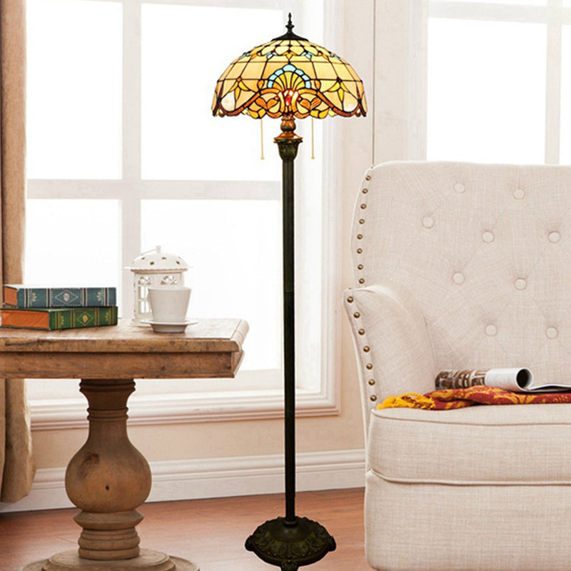Baroque Brown Stained Glass Floor Lamp With Scalloped Dome Design Dual Heads Pull Chain - Ideal For