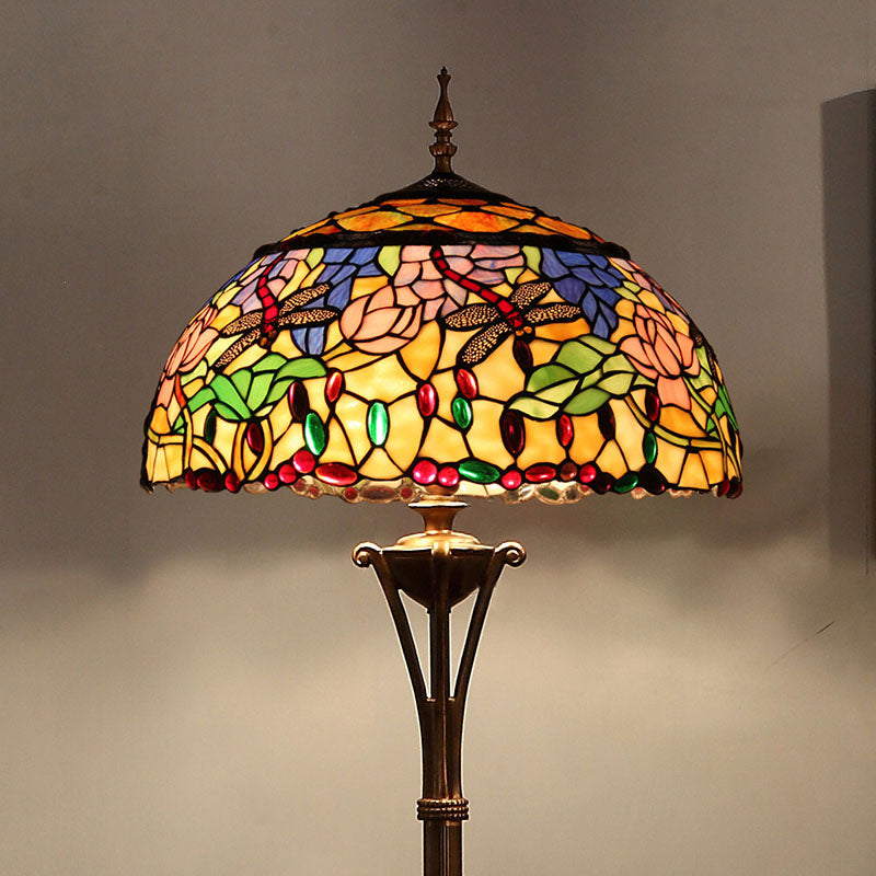 Vintage Green Dome Floor Light With Stained Glass Floral And Dragonfly Pattern - 3 Bulb Standing