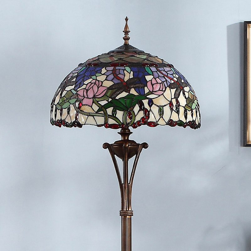 Vintage Green Dome Floor Light With Stained Glass Floral And Dragonfly Pattern - 3 Bulb Standing