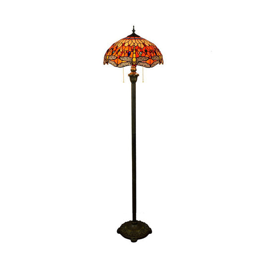 Traditional Stained Glass Dragonfly Standing Lamp With 2 Bulbs And Pull Chain - Floor Light In