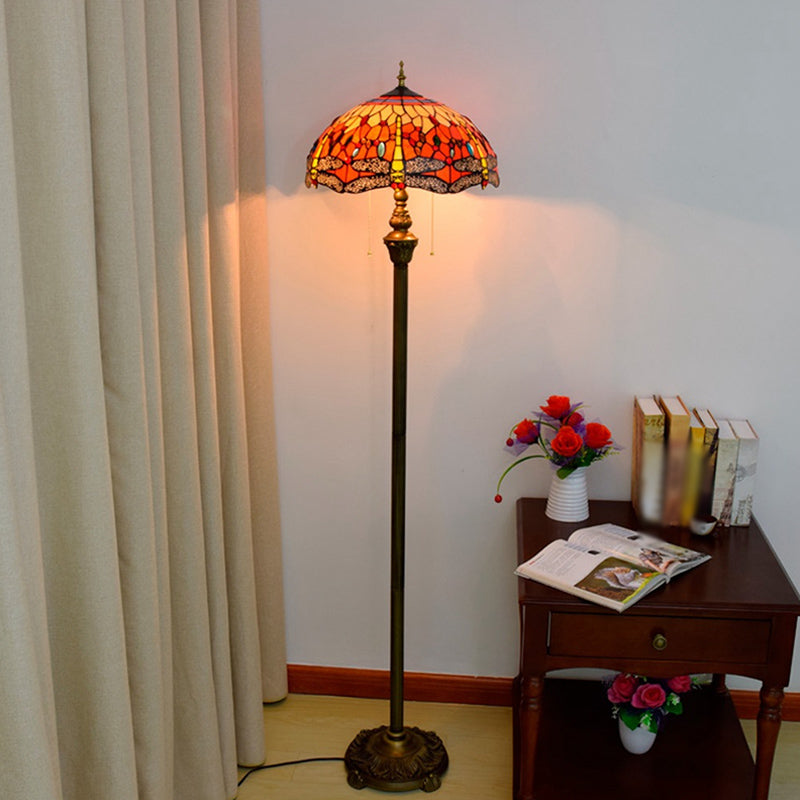 Traditional Stained Glass Dragonfly Standing Lamp With 2 Bulbs And Pull Chain - Floor Light In