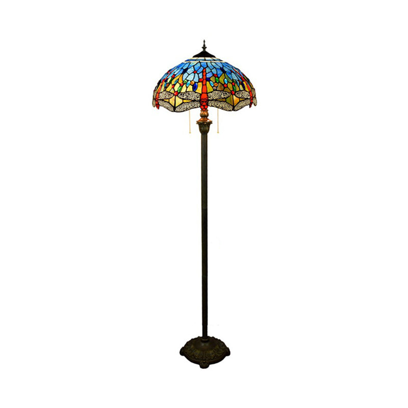 Dragonfly Stained Art Glass Tiffany Floor Lamp - 2 Heads Blue With Pull Chain