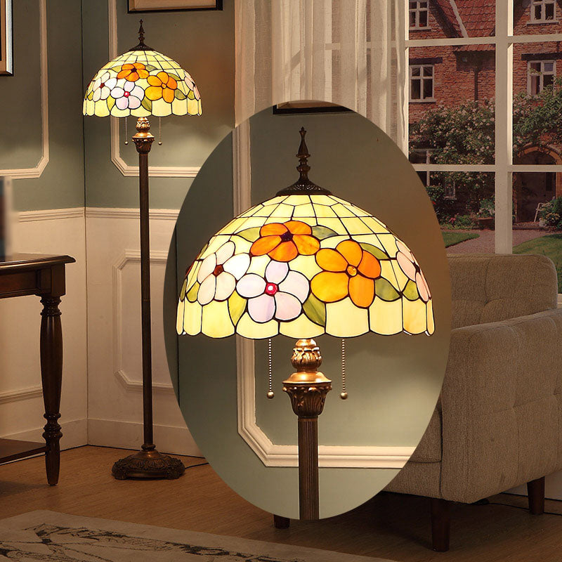 Vintage Beige Stained Glass Stand Up Lamp With Pull Chain - 2 Bulb Flower Floor Lighting For Living