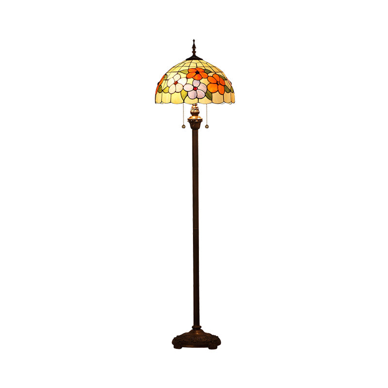 Vintage Beige Stained Glass Stand Up Lamp With Pull Chain - 2 Bulb Flower Floor Lighting For Living