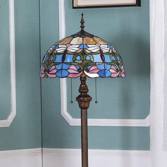 Blue Baroque Dome Stained Glass Standing Light With Pull Chain - Set Of 2 Bulbs For Floor Lighting