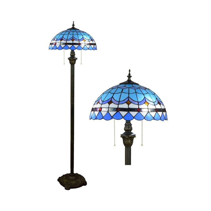 Tiffany Dome Shade Floor Lamp - Handcrafted Glass Pull Chain 2 Bulbs
