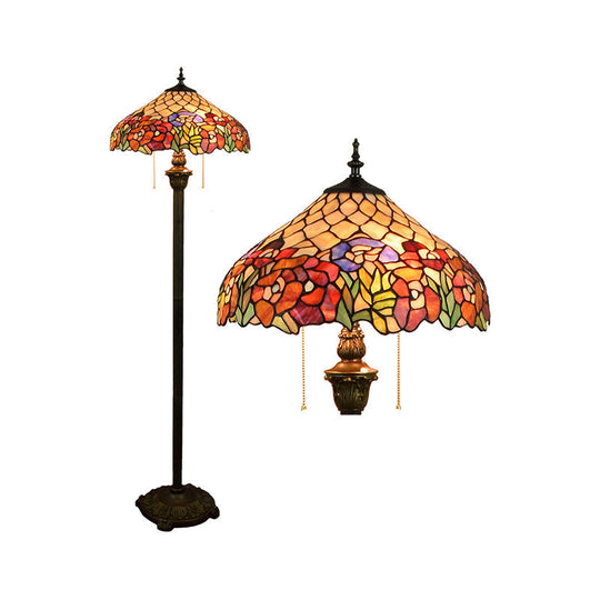 Tiffany Dome Shade Floor Lamp - Handcrafted Glass Pull Chain 2 Bulbs