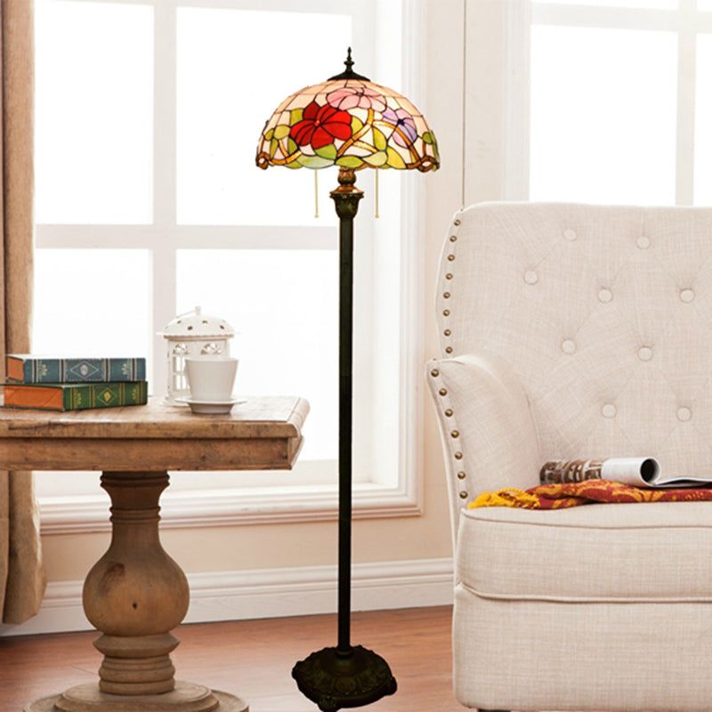 Tiffany Dome Shade Floor Lamp - Handcrafted Glass Pull Chain 2 Bulbs Light Beige