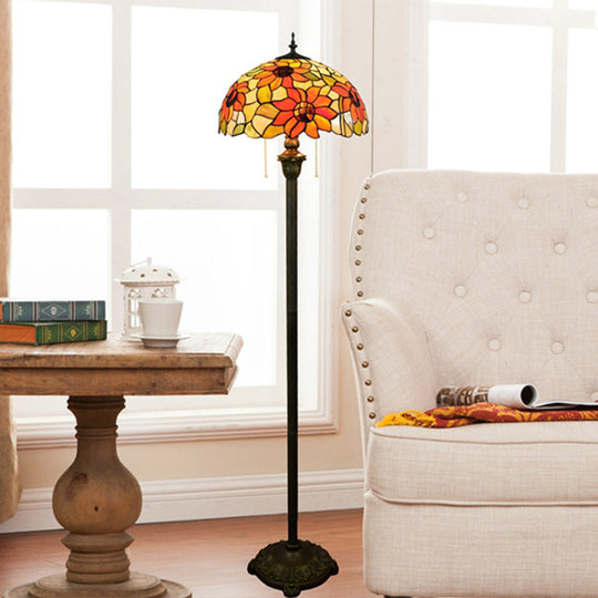 Tiffany Dome Shade Floor Lamp - Handcrafted Glass Pull Chain 2 Bulbs Orange
