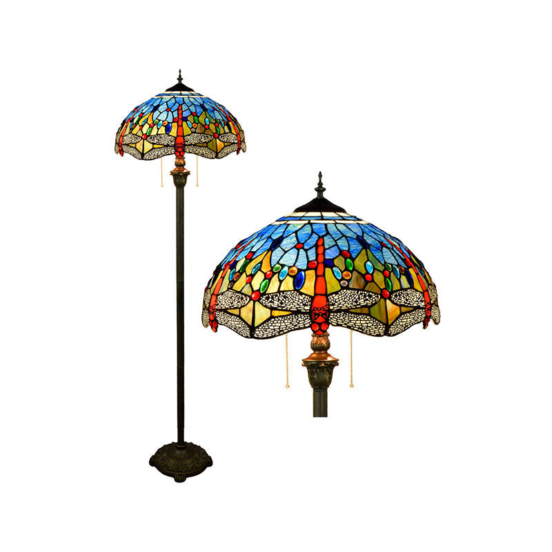 Tiffany Dome Shade Floor Lamp - Handcrafted Glass Pull Chain 2 Bulbs Blue