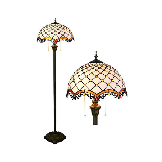Tiffany Dome Shade Floor Lamp - Handcrafted Glass Pull Chain 2 Bulbs White