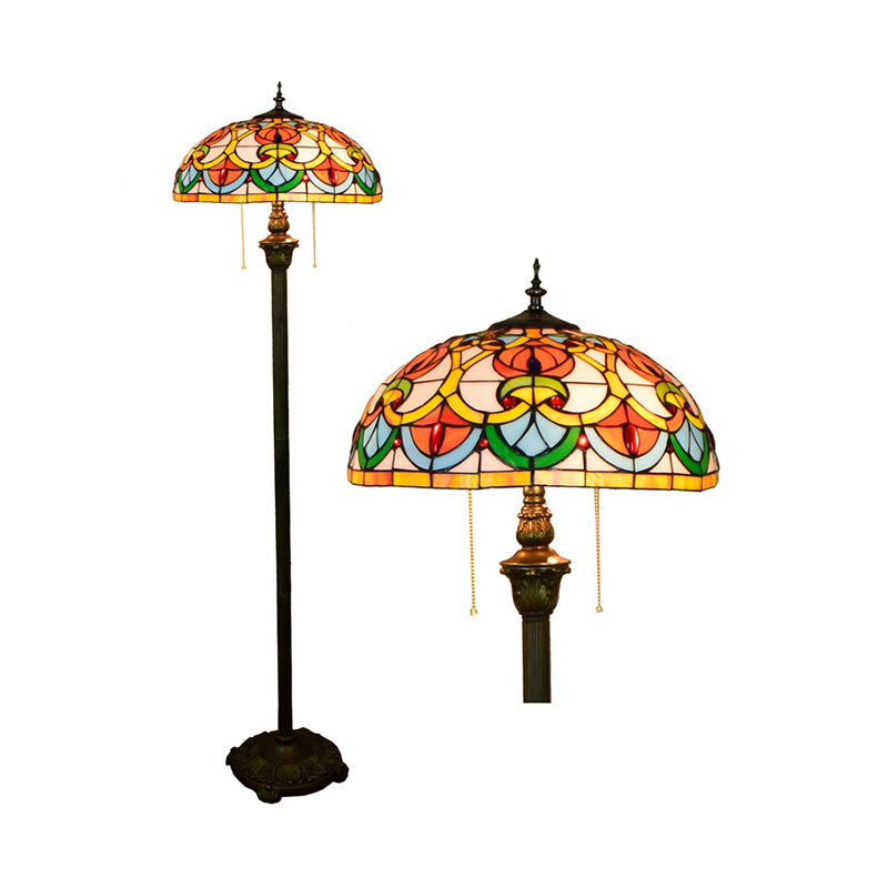 Tiffany Dome Shade Floor Lamp - Handcrafted Glass Pull Chain 2 Bulbs Yellow